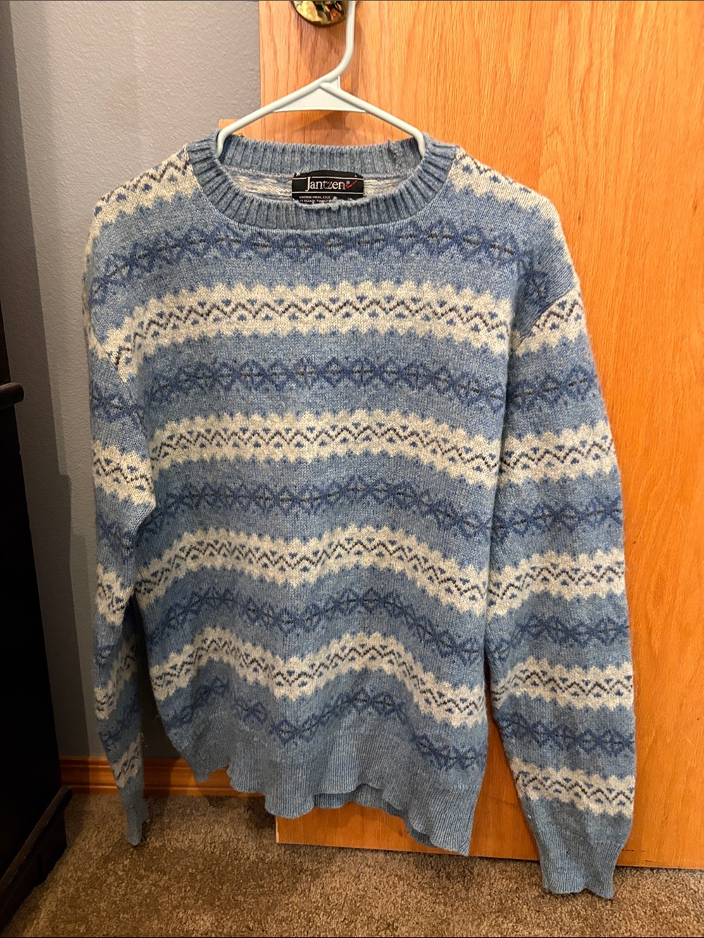 Jantzen Light Blue and Cream Fair Isle Crewneck Sweater